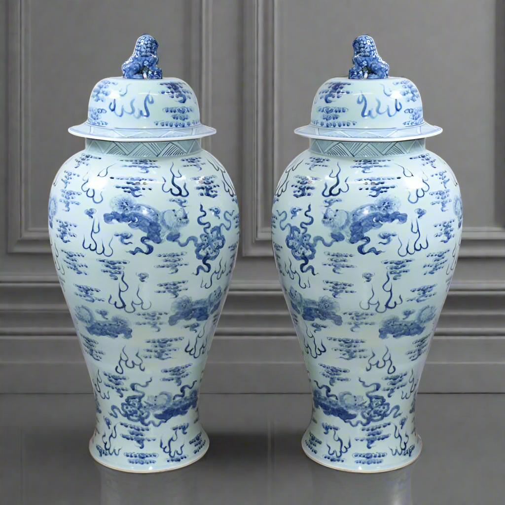 These oversize Ginger Jars are decorated in the typical Chinese style, mythical dragons, lions andother creature. These ginger Jars are typical blue and white porcelain and are contructed in the original heavy duty porcelain to add to the authentic look. Perfect for a large hallway, on plinths or a console table in your living room, striking either side of a large fireplace.  A great country house piece, these Ginger Jars would  look just as amazing as a centrepiece in a contemporary setting, they