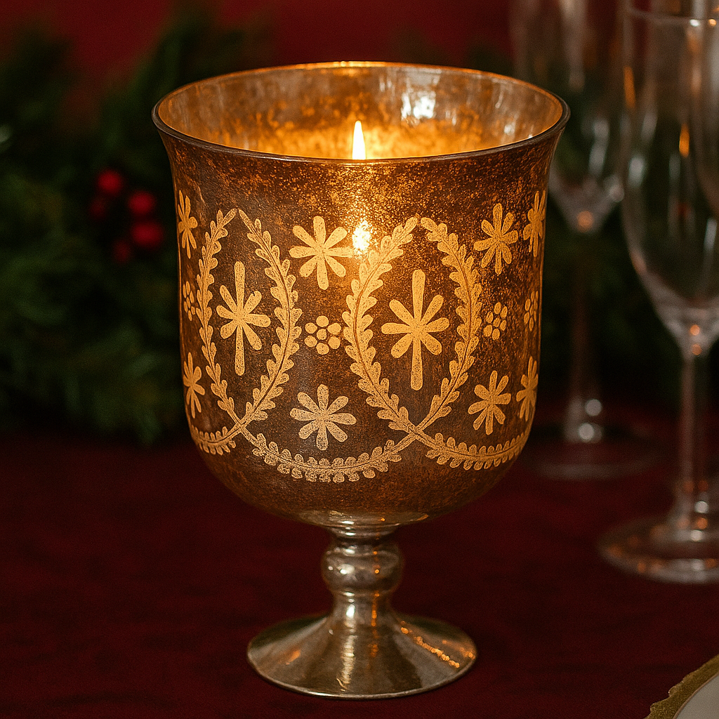 This stunning silver mercury glass vase features a classic goblet shape elevated on a graceful pedestal base.