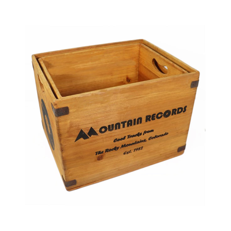 Vinyl record crates with Mountain Records inscription. Two different sizes perfect for your vinyl collection or anything else you wish to store in these vintage style boxes.
Wooden crates can serve as stylish and functional storage solutions for organizing items like books, office supplies, or tools.