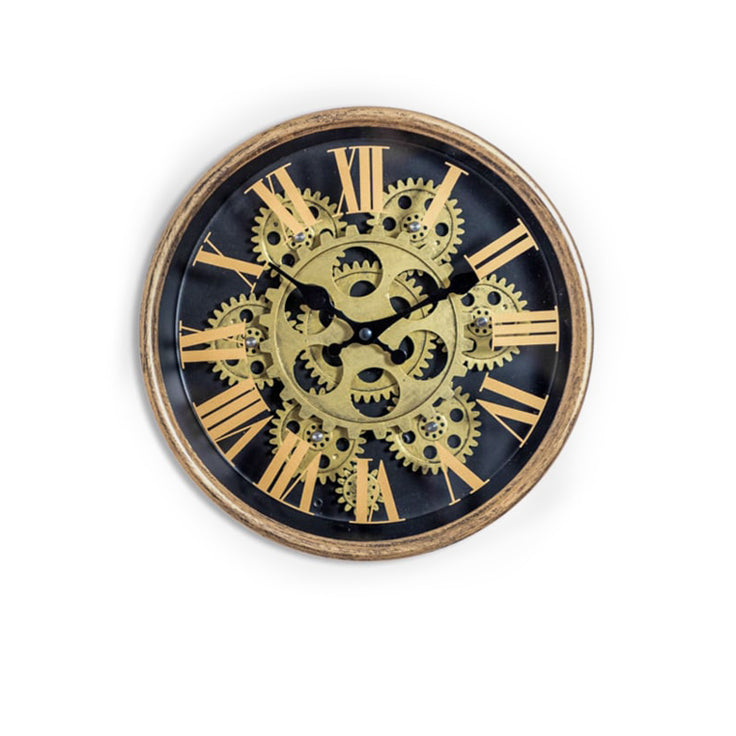  Moving cog clock, this is the smallest moving cog clock we do at 25 cm, small  but perfectly formed with gilt frame and gilt numerals.  Gilt metal casing, black face and gilt numerals and hands add a touch of luxury to this compact clock.
In black with gold Roman numerals, this clock is a perfectly compact size for a kitchen or study wall.