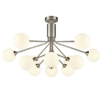 A 12 globe ceiling light on a brushed satin nickel frame; a large statement light spreading a warm glow over your room.