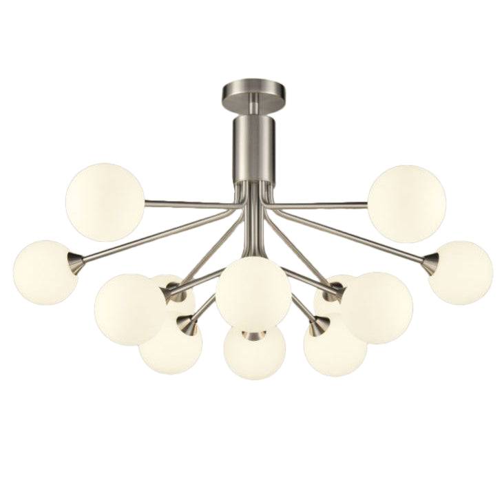 A 12 globe ceiling light on a brushed satin nickel frame; a large statement light spreading a warm glow over your room.