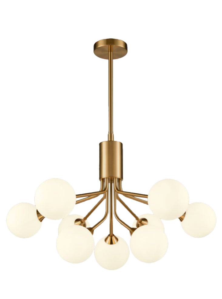 A stunning statement light that diffuses ample light around your home.  Nine opaque glass shades are suspended from beautiful brushed brass metal arms that are seamlessly attached to an adjustable or extendable brass rod
