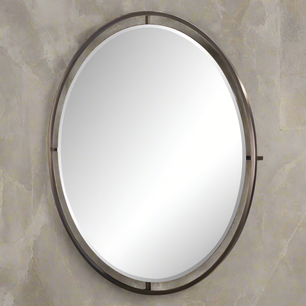 The mirror is framed by a slender, dark antique brushed brass frame. A substantial oval mirror with substantial metal frame, a luxurious look in any room of your house.
