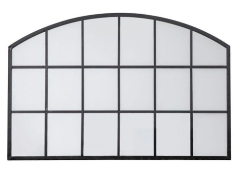 Low, wide window mirror, perfect overmantle size, adding space and perspective to any room. Arched metal framed window mirror placed over a fireplace or mantle.