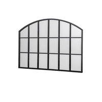 Low, wide window mirror, perfect overmantle size, adding space and perspective to any room. Arched metal framed window mirror placed over a fireplace or mantle.