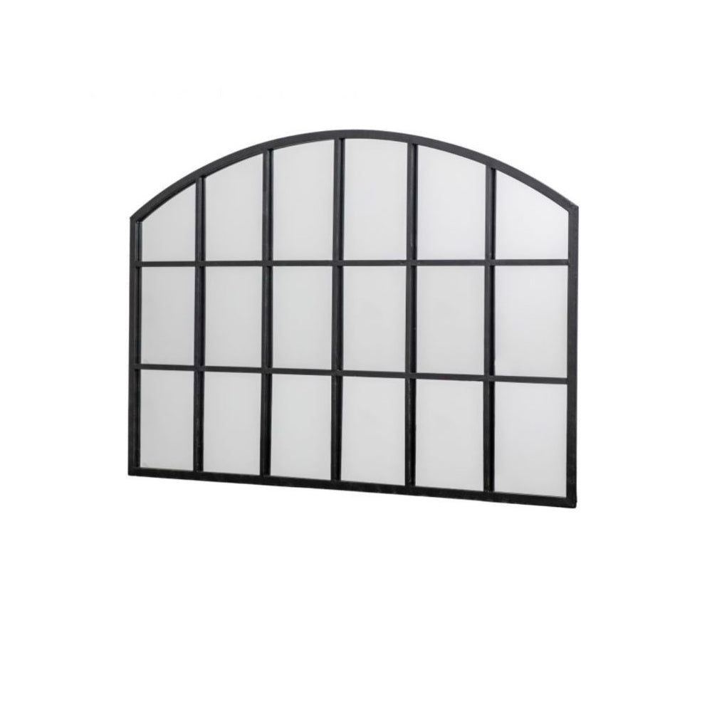Low, wide window mirror, perfect overmantle size, adding space and perspective to any room. Arched metal framed window mirror placed over a fireplace or mantle.