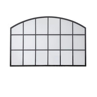 Low, wide window mirror, perfect overmantle size, adding space and perspective to any room. Arched metal framed window mirror placed over a fireplace or mantle.