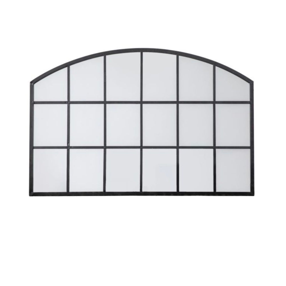 Low, wide window mirror, perfect overmantle size, adding space and perspective to any room. Arched metal framed window mirror placed over a fireplace or mantle.