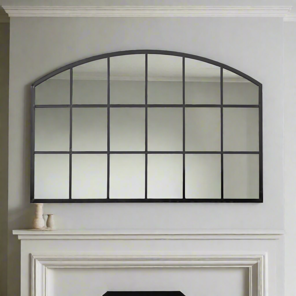 Low, wide window mirror, perfect overmantle size, adding space and perspective to any room. Arched metal framed window mirror placed over a fireplace or mantle.