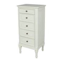 Five drawer painted wooden tallboy, a great storage solution in your bedroom.  The tallboy at 40 cm deep has a small footprint making it a great space-saver. Suits a country house or would work just as well in an urban setting where space is limited.  For storing all your clothes, linens and personal items.  The light colour of the paint is set off with a single round metal knob.  A vintage look with tapered legs and raised panel detailing.
