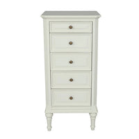 Five drawer painted wooden tallboy, a great storage solution in your bedroom.  The tallboy at 40 cm deep has a small footprint making it a great space-saver. Suits a country house or would work just as well in an urban setting where space is limited.  For storing all your clothes, linens and personal items.  The light colour of the paint is set off with a single round metal knob.  A vintage look with tapered legs and raised panel detailing.