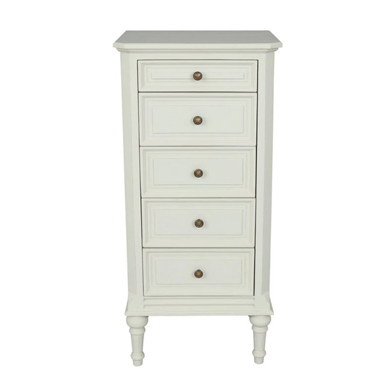 Five drawer painted wooden tallboy, a great storage solution in your bedroom.  The tallboy at 40 cm deep has a small footprint making it a great space-saver. Suits a country house or would work just as well in an urban setting where space is limited.  For storing all your clothes, linens and personal items.  The light colour of the paint is set off with a single round metal knob.  A vintage look with tapered legs and raised panel detailing.