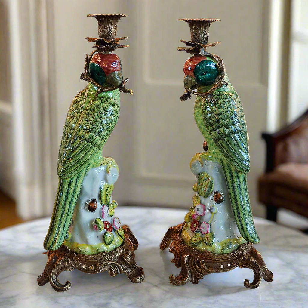 Green Parrots Bronze & Porcelain Candleholders Pair