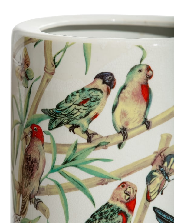 Ceramic, umbrella stand with brightly coloured, tropical parrot scene. A splash of colour in your hall. A really decorative, traditional subject perfect in a period house, country cottage or in the hall of a townhouse.