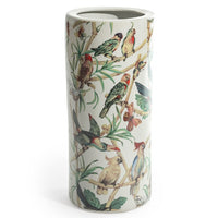 Ceramic, umbrella stand with brightly coloured, tropical parrot scene. A splash of colour in your hall. A really decorative, traditional subject perfect in a period house, country cottage or in the hall of a townhouse.