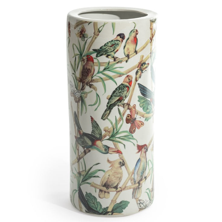 Ceramic, umbrella stand with brightly coloured, tropical parrot scene. A splash of colour in your hall. A really decorative, traditional subject perfect in a period house, country cottage or in the hall of a townhouse.