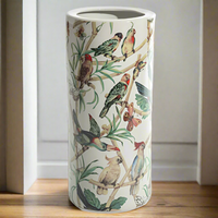 Ceramic, umbrella stand with brightly coloured, tropical parrot scene. A splash of colour in your hall. A really decorative, traditional subject perfect in a period house, country cottage or in the hall of a townhouse.