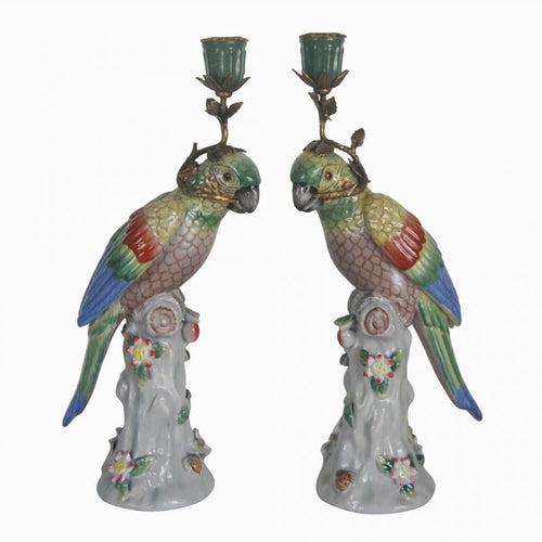 Pair Porcelain Parrot Candleholders 36 cm