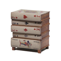 Featuring five quirky, antique style playing card drawers stacked upon each other.  Three large pull out drawers and two more slender draws offer useful storage space perfect as an eye catching sitting room or lounge side table or as a bedside table.