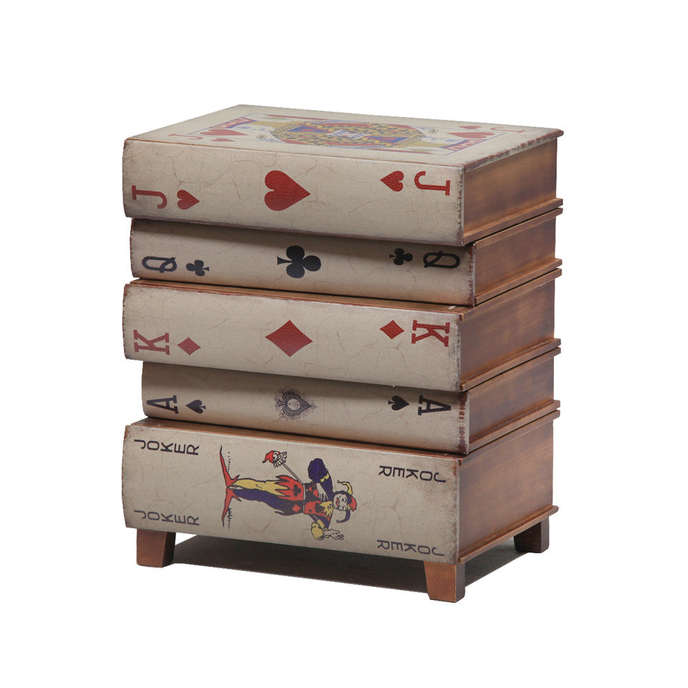 Featuring five quirky, antique style playing card drawers stacked upon each other.  Three large pull out drawers and two more slender draws offer useful storage space perfect as an eye catching sitting room or lounge side table or as a bedside table.