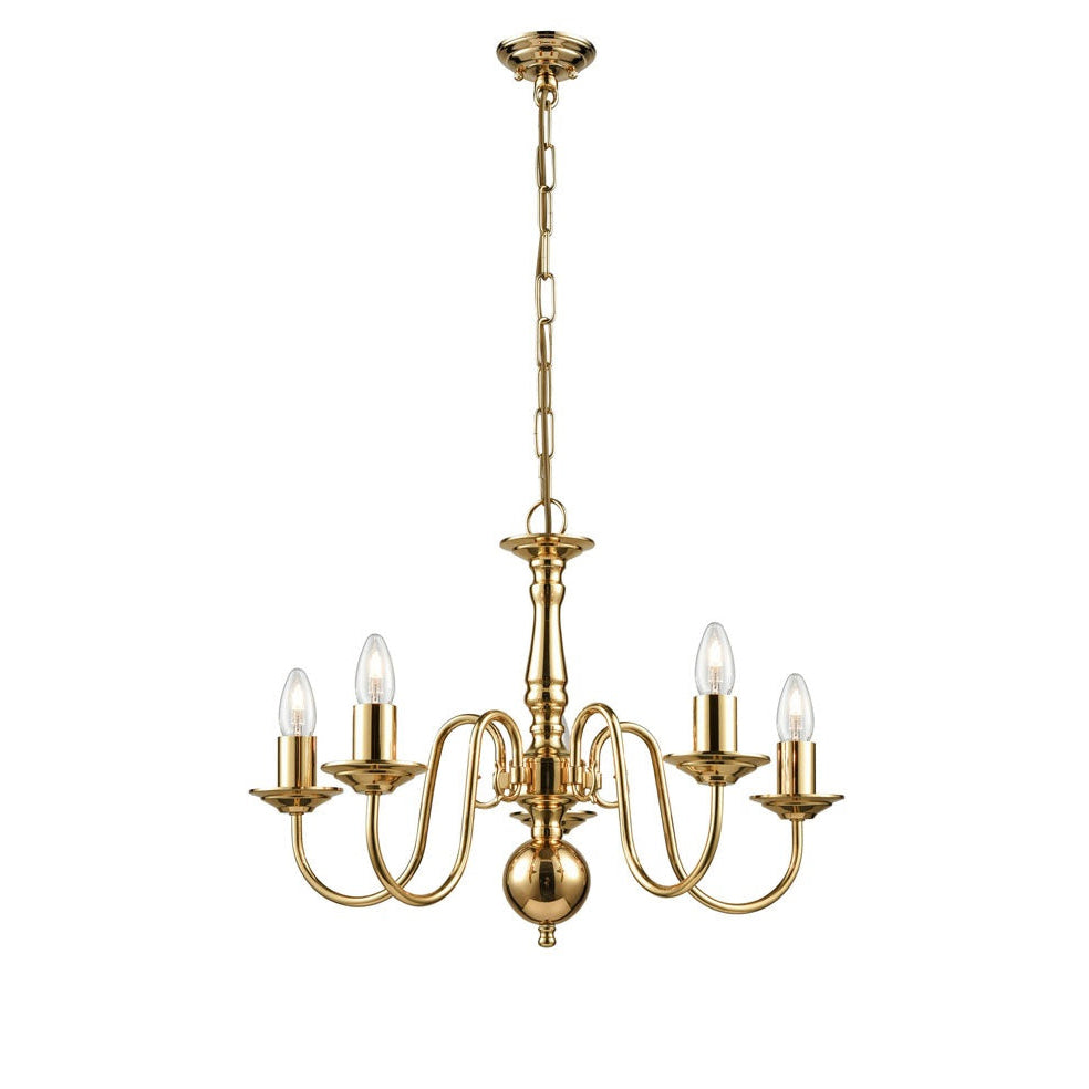 Polished brass classic chandelier.  Perfect grandeur with 5 lights, it would enhance any period property, Traditional brass chandelier, perfect period or country house lighting. Decorative brass frame with 5 branches.