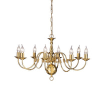 Polished brass classic chandelier.  Perfect grandeur with 8 lights, it would enhance any period property, Traditional period or country home chandelier, large with 8 candle bulbs and classic brass frame.