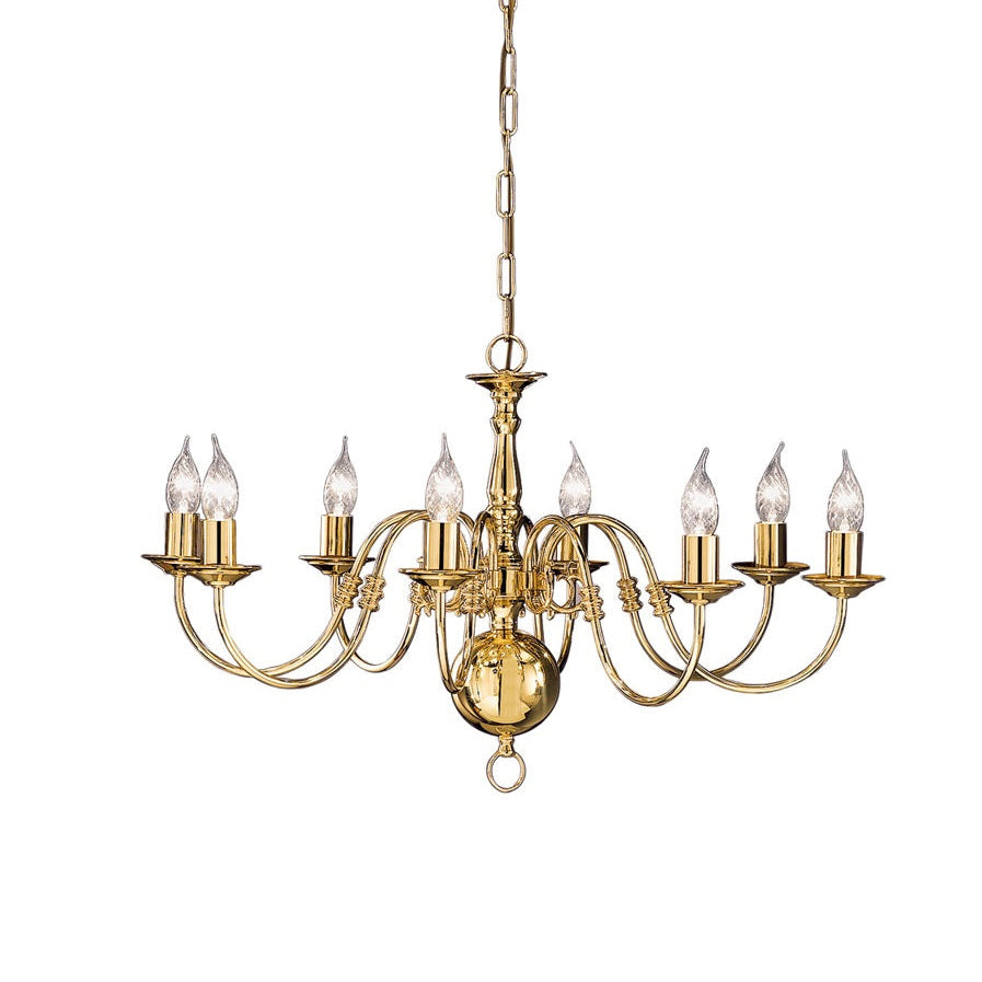 Polished brass classic chandelier.  Perfect grandeur with 8 lights, it would enhance any period property, Traditional period or country home chandelier, large with 8 candle bulbs and classic brass frame.
