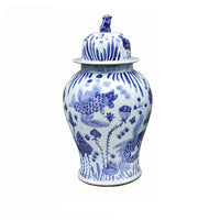 Aged porcelain ginger jar in the traditional Chinese blue and white style. So decorative in any room on any surface, tall enough to stand on the floor.