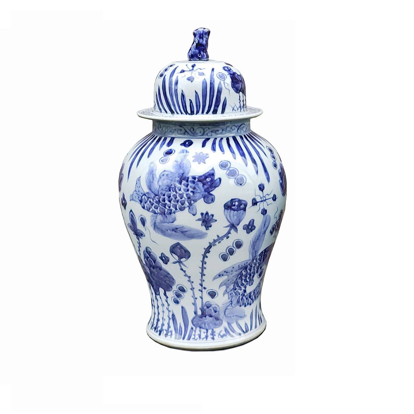 Aged porcelain ginger jar in the traditional Chinese blue and white style. So decorative in any room on any surface, tall enough to stand on the floor.