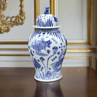 Aged ceramic ginger jar in the traditional Chinese blue and white style. So decorative in any room on any surface, tall enough to stand on the floor, either side of fireplace or on a table,  Looking good with any style of interior adding colour and interest.