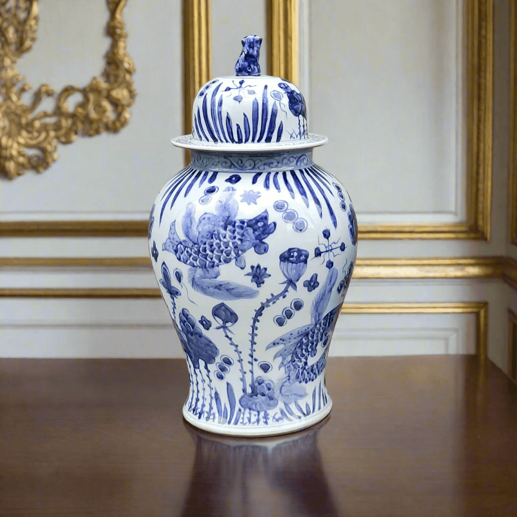 Aged ceramic ginger jar in the traditional Chinese blue and white style. So decorative in any room on any surface, tall enough to stand on the floor, either side of fireplace or on a table,  Looking good with any style of interior adding colour and interest.