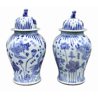 Pair of aged ceramic ginger jars in the traditional Chinese blue and white style. So decorative in any room on any surface, these are tall enough to stand on the floor, either side of fireplace or on a table,  Looking good with any style of interior adding colour and interest.