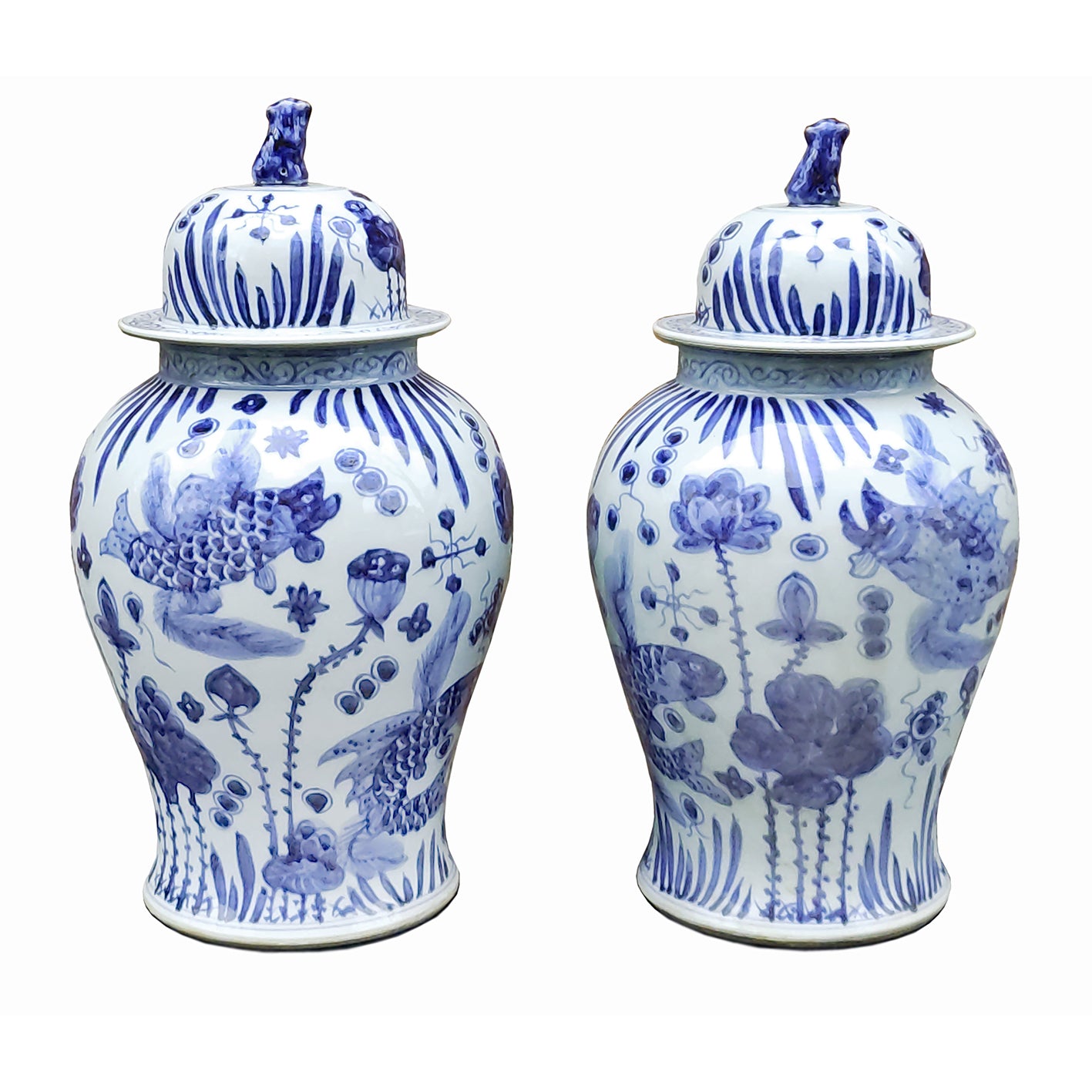 Pair of aged ceramic ginger jars in the traditional Chinese blue and white style. So decorative in any room on any surface, these are tall enough to stand on the floor, either side of fireplace or on a table,  Looking good with any style of interior adding colour and interest.
