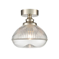 Satin nickel metal and clear ribbed glass flush pendant, perfect for a low ceiling, so good to find a flush ceiling light which is also pretty. In the satin nickle finish this pendant would certainly suit a contemporary home.