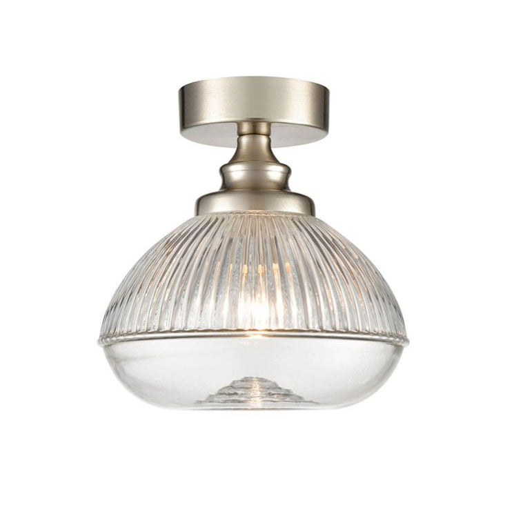 Satin nickel metal and clear ribbed glass flush pendant, perfect for a low ceiling, so good to find a flush ceiling light which is also pretty. In the satin nickle finish this pendant would certainly suit a contemporary home.