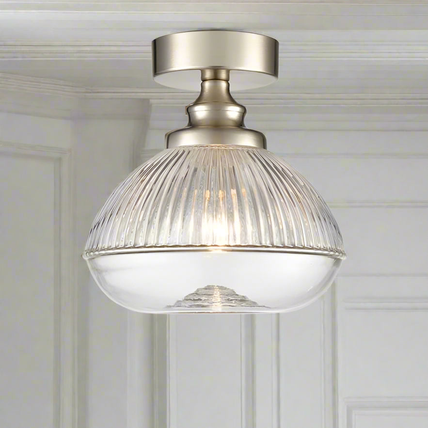 Satin nickel metal and clear ribbed glass flush pendant, perfect for a low ceiling, so good to find a flush ceiling light which is also pretty. In the satin nickle finish this pendant would certainly suit a contemporary home.