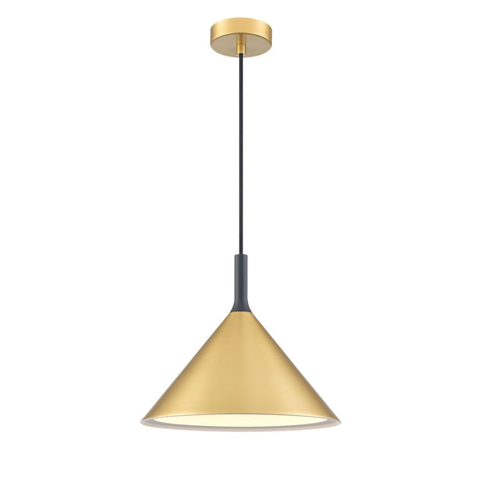 A beautifully soft, contemporary light in satin brass, with black fixtures and brass cord. Wide metal pendant throwing out a lot of light from the cream inner. The addition or the tall black fixture between the top of the fixtue and the flex adds a nice design touch.