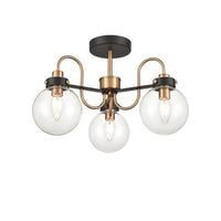 Great semi-flush pendant with 3 glass globe lights on a black and gilt metal frame, good to find an unusual, interesting semi-flush fitting.  A really design led semi flush light, exceptional and perfect in a bedroom or study. Very welcoming light in the hall too.