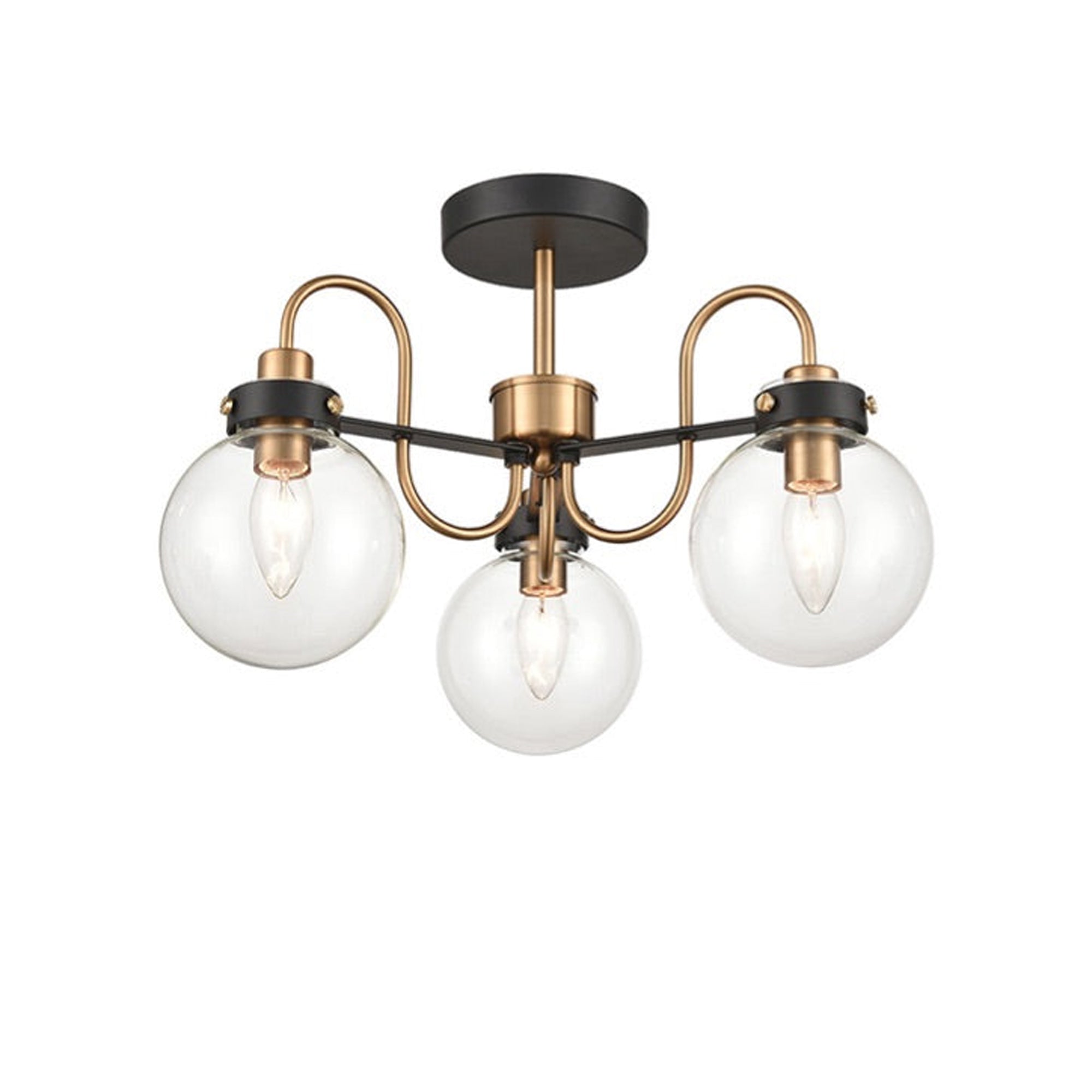 Great semi-flush pendant with 3 glass globe lights on a black and gilt metal frame, good to find an unusual, interesting semi-flush fitting.  A really design led semi flush light, exceptional and perfect in a bedroom or study. Very welcoming light in the hall too.