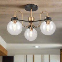 Great semi-flush pendant with 3 glass globe lights on a black and gilt metal frame, good to find an unusual, interesting semi-flush fitting.  A really design led semi flush light, exceptional and perfect in a bedroom or study. Very welcoming light in the hall too.