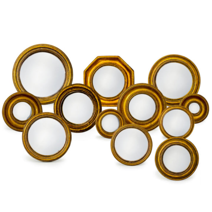 Mini convex gold framed mirrors which come in an assortment of sizes. This is a fantastic price and range which takes the headache out of creating your own wall assortment.
