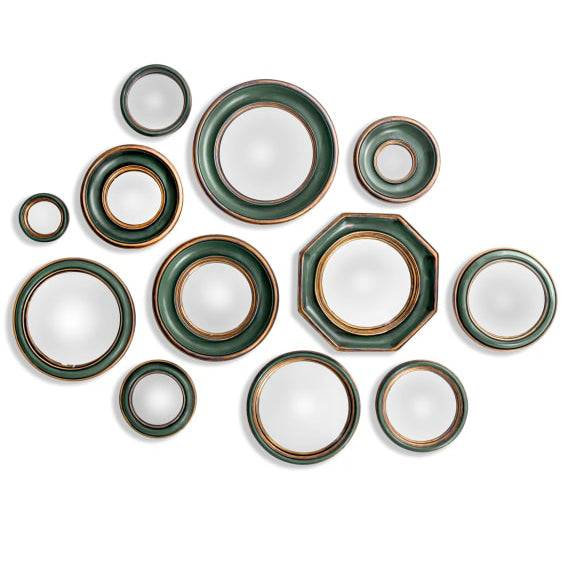 Mini convex Green & Gold framed mirrors which come in an assortment of sizes. This is a fantastic price and range which takes the headache out of creating your own wall