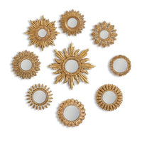 Sun shaped mini convex gold framed mirrors which come in an assortment of sizes. This is a fantastic price and range which takes the headache out of creating your own wall assortment.