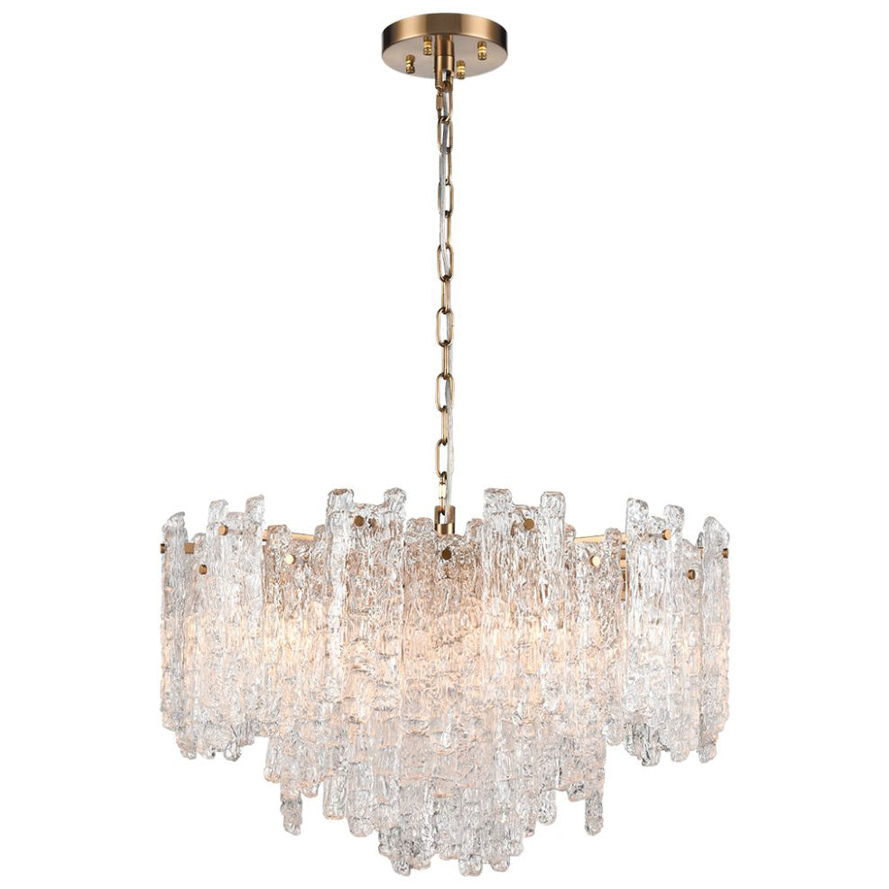 Icicle shard chandelier with textured glass panels at varying heights to refract the lights. It has 5 lights and aged brushed brass metal fittings.  A really luxurious ceiling light perfect for your living room, would look stunning over a dining table.