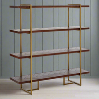 Open shelving unit, in a dark wood set into antique brass metal framework, perfect mix of industrial and luxury. Stylish and so useful !! The wooden shelves have a 'parquet' design.
H: 146 cm W: 140 cm D: 40 cm