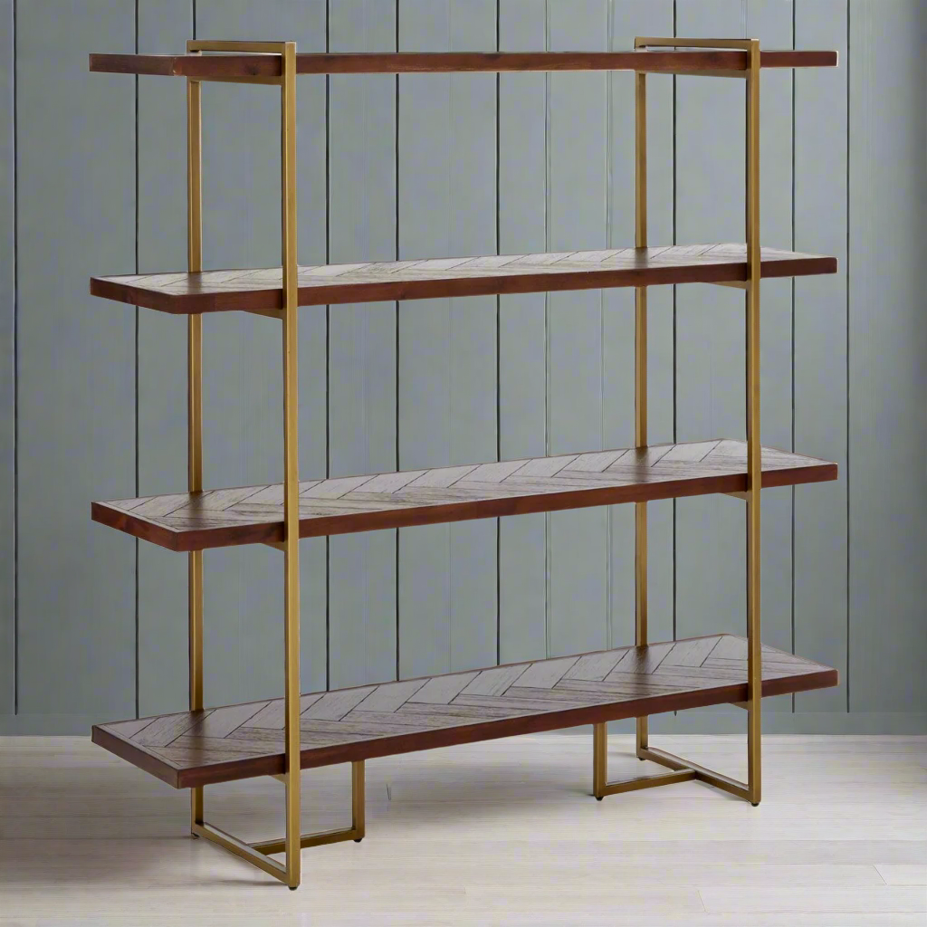 Open shelving unit, in a dark wood set into antique brass metal framework, perfect mix of industrial and luxury. Stylish and so useful !! The wooden shelves have a 'parquet' design.
H: 146 cm W: 140 cm D: 40 cm