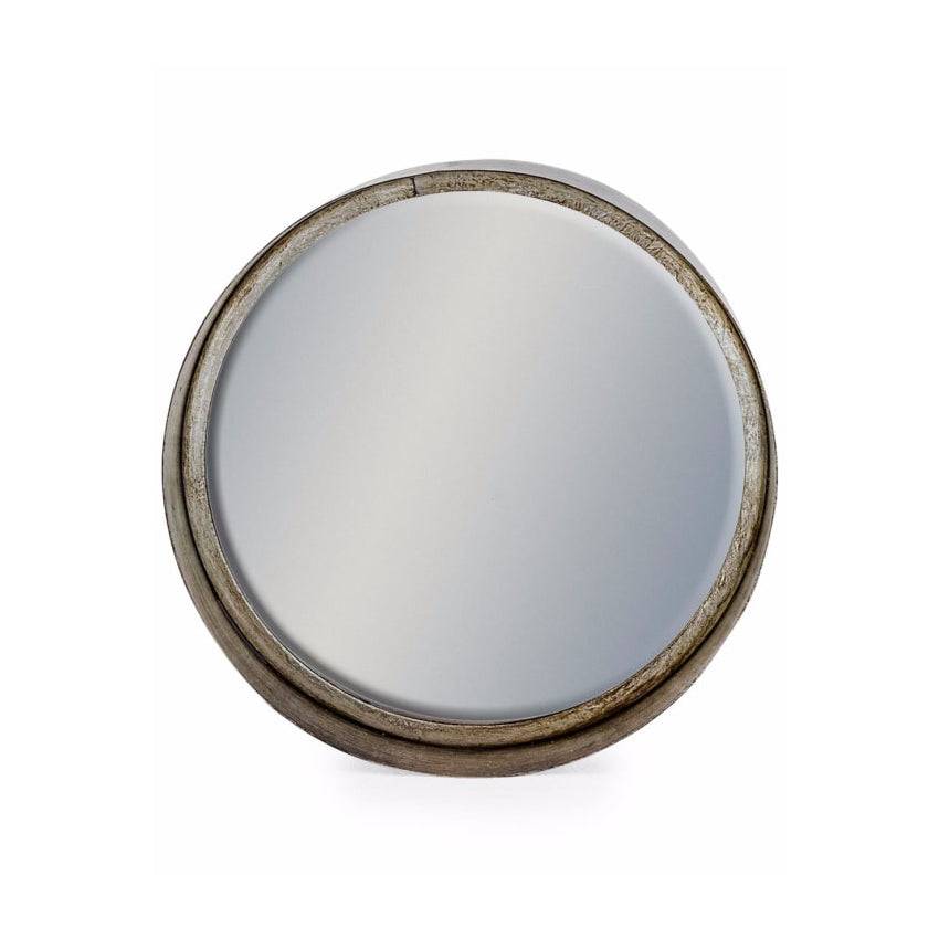 Silver round mirror with a deep pewter metal frame, measuring 21 cm or 31 cm. Stylish wall decor for home and garden spaces.