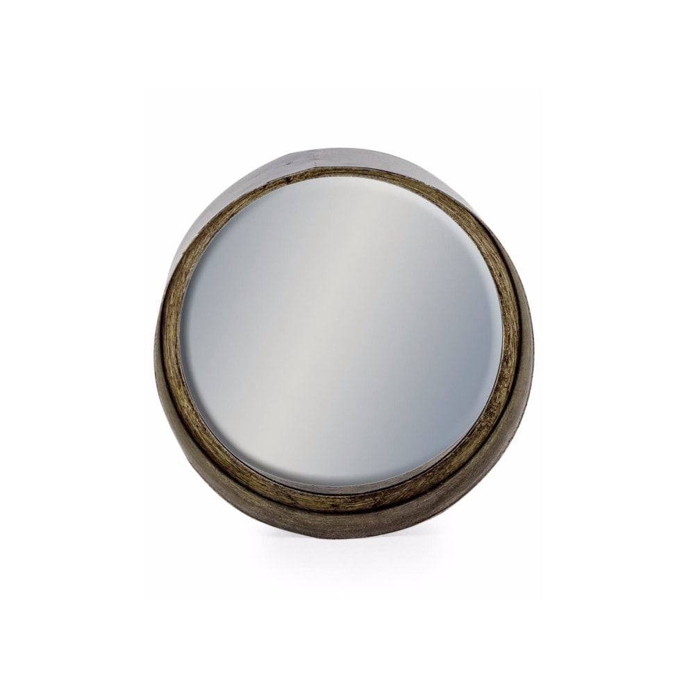 Silver round mirror with a deep pewter metal frame, 21 cm diameter. Elegant wall decor for home and garden spaces by Decorexi.