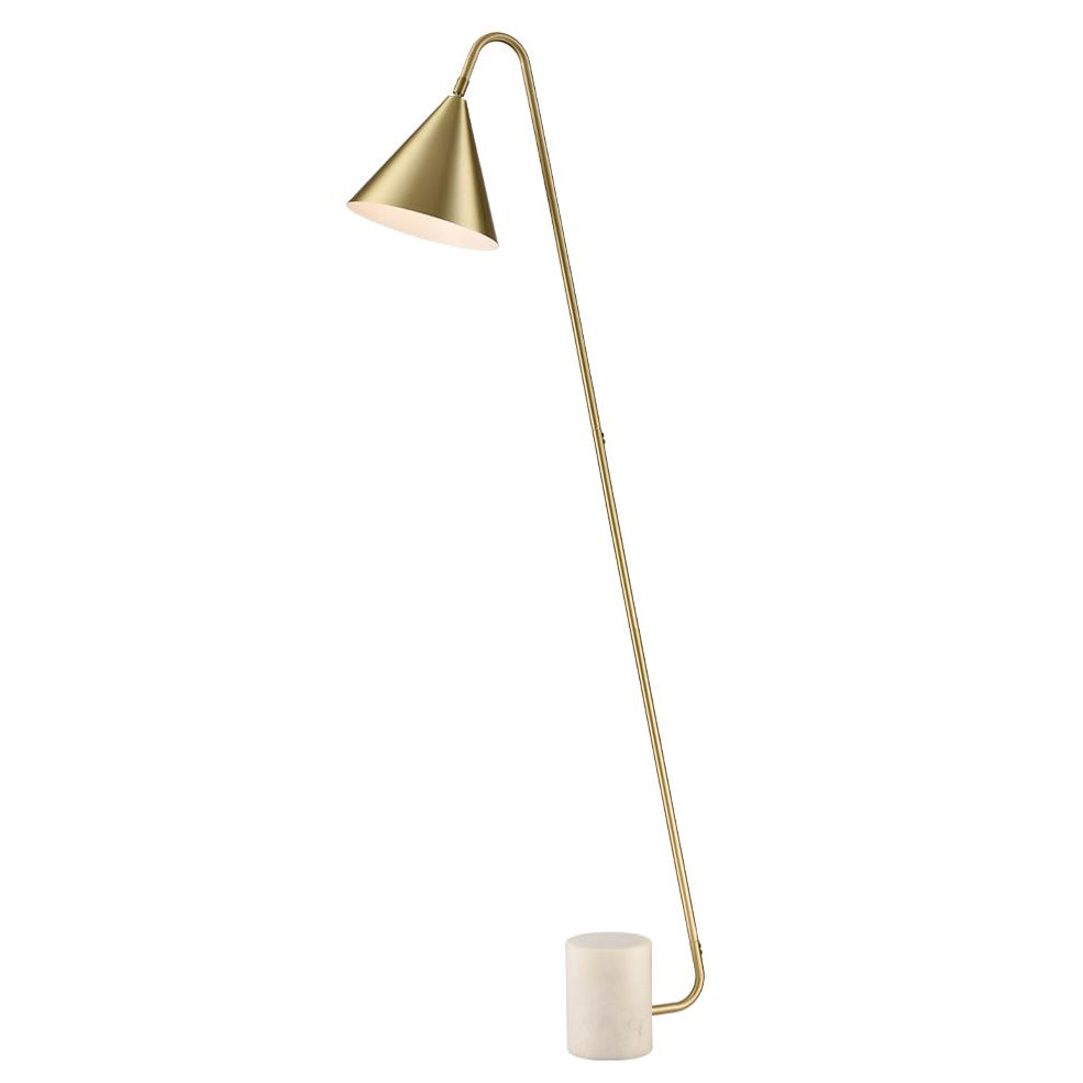 Stunning, stylish gilt metal floor lamp on a white marble base. The shade is satin brass with a white inner.   A minimalist lamp perfect for a contemporary interior.  The lamp is offset at an angle on a white marble plinth. 